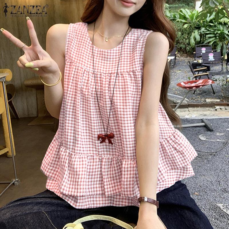 

ZANZEA Women Casual Round Neck Summer Sleeveless Grid Print Tank Tops M жёлтый
