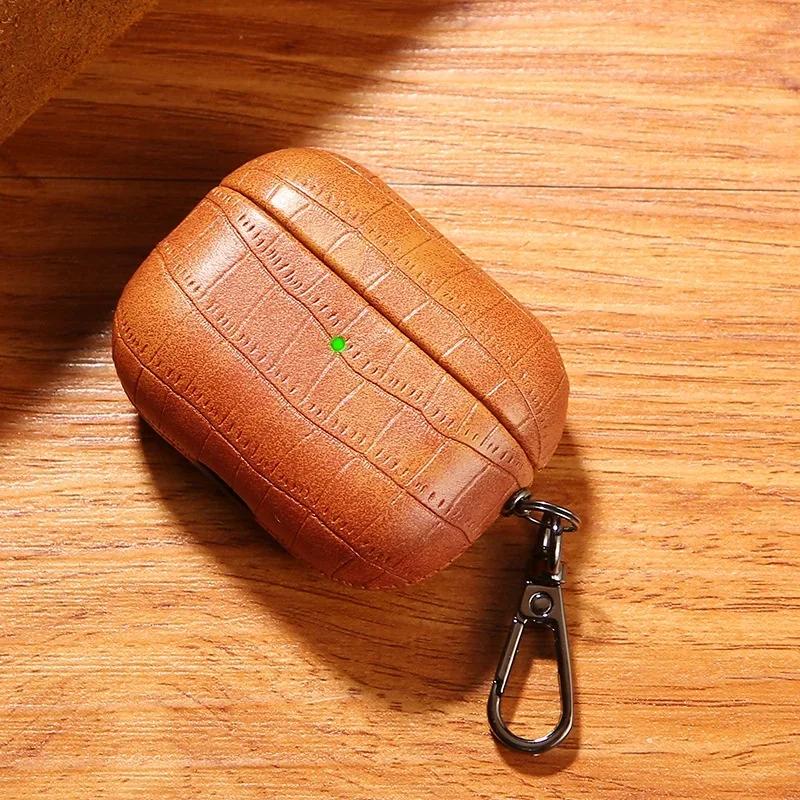 High-end Business Crocodile Premium Leather Earphone Case With Keychain For Apple AirPods 4 3 2/1 Pro 2 Drop-Proof Headset Cover