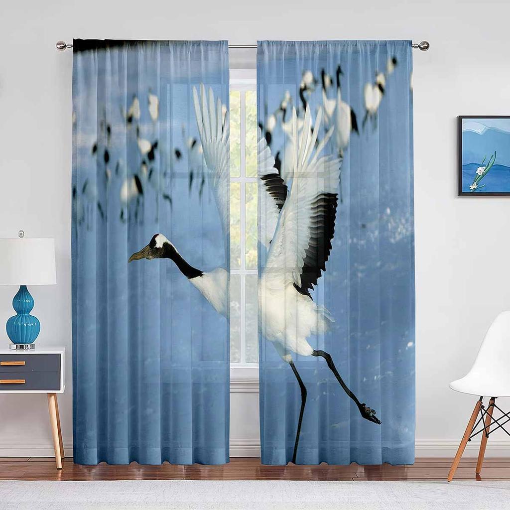 Mandschurenkranich, der die rote Sonne fliegt, Tüllvorhang für Wohnzimmer, Schlafzimmer, Dekor, transparente Vorhänge, Zimmer, Küche, Fensterbehandlung