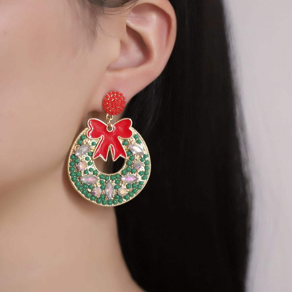 Christmas simple fashion drop oil red bow rice bead zircon geometric niche versatile earrings