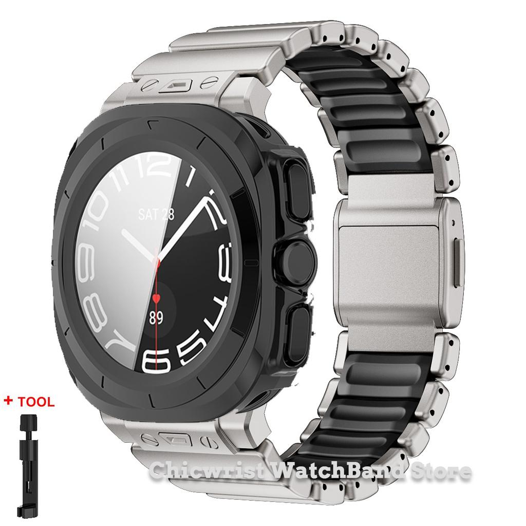 Armband+Hülle für Samsung Galaxy Watch Ultra 2025/7 ultra Edelstahl Gummiarmband Gehärtetes Glas Displayschutz Hülle aus Hart-PC