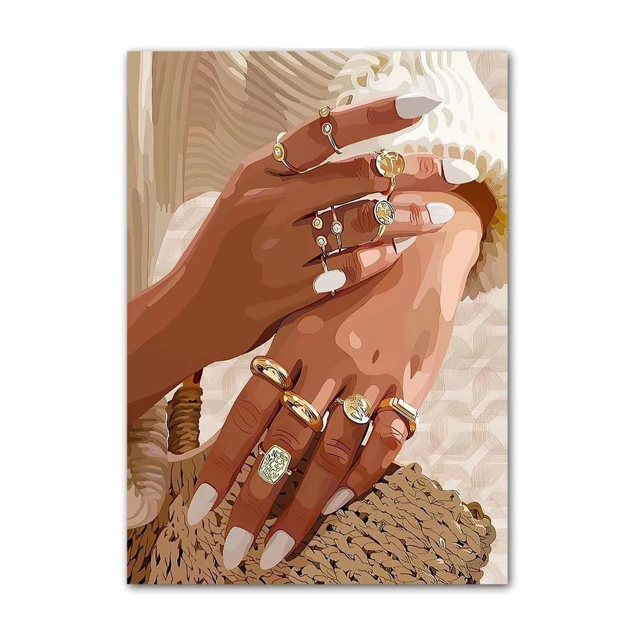 Black Art Fashion Hip Hop Girl Manicure Jewelry Lips Poster African Black Woman Beautiful Nails Painting Pictures Living Room Beauty Salon Decor