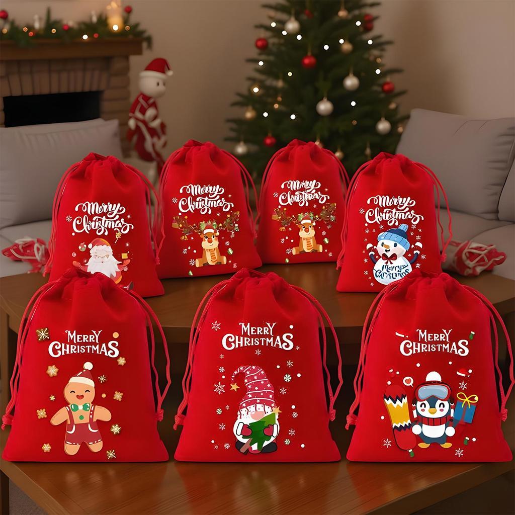 6pcs Christmas Bundle Pocket Gift Bags Snowman Print Velvet Drawstring Bags Soft Reusable Red Christmas Velvet Bundle Pocket