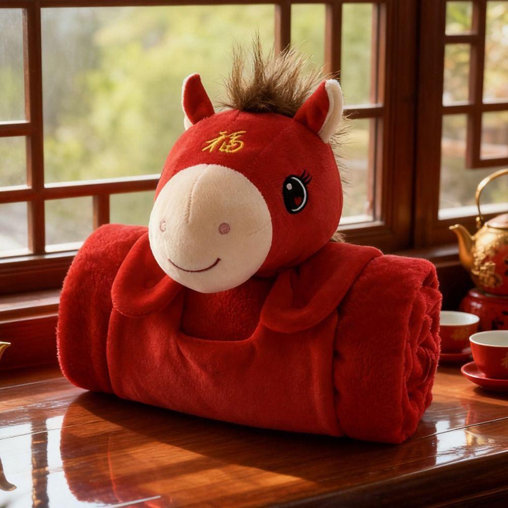 Soft Warm Horse Mascot Blanket Fluffy Throw Cartoon Flannel Blanket Comfortable Folding New Year Throw Blanket Bedtime