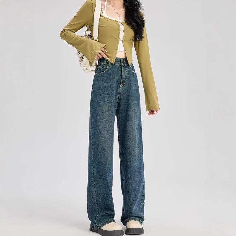 

2024 Women s High Waist Retro Wide-Leg Jeans - Slimming, Loose Fit, Floor-Length for Spring & Autumn XL темно-синий