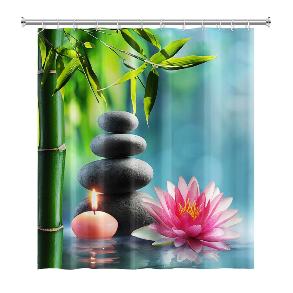 Tenda Doccia Meditazione Giapponese Zen Spa Loto Pietre di Basalto Olio Essenziale Candele Profumate Bambù Acqua Arredamento Casa Set Impermeabile