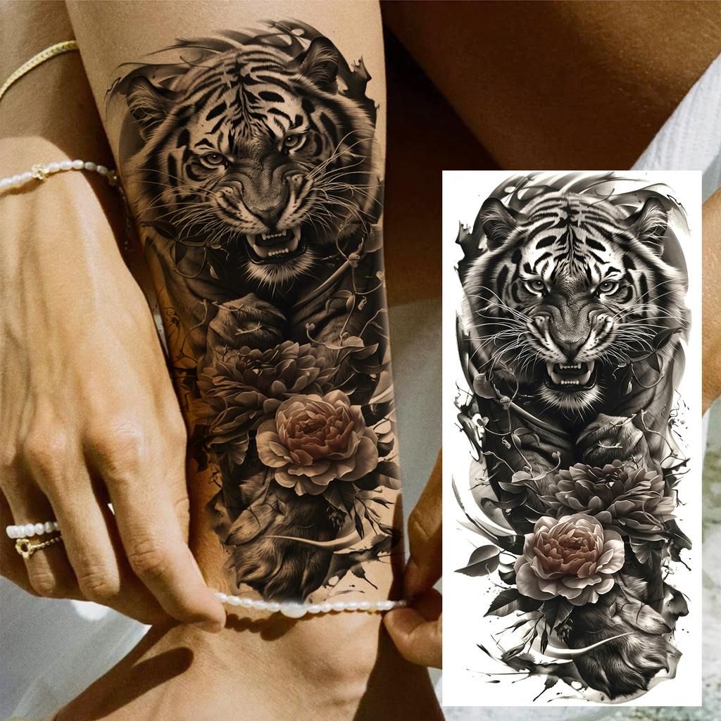 1 Sheet Realistic Fake Tiger Temporary Tattoos Sticker For Men Women Adults Water Transfer Transferable Tattoo Sleeve Waist Arm