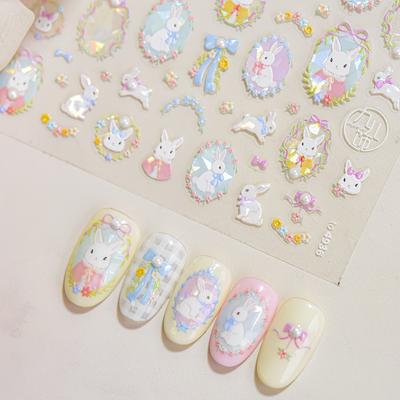 5D Glitter Cartoon Rabbit Nail Art Stickers - Cute Bunny Decals with & Flowers, Self-Adhesive DIY Manicure Charms for Easter & Spring Festivals