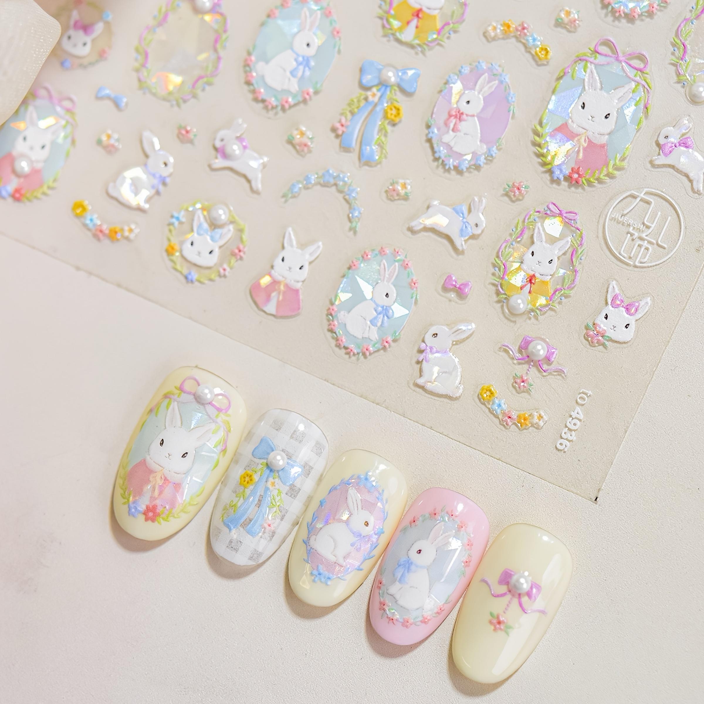 

5D Блестящие Мультяшные Наклейки для Дизайна Ногтей - Милые Наклейки с Кроликами и Цветами, Самоклеящиеся DIY Маникюрные Шармы для Пасхи и Весенних Фестивалей