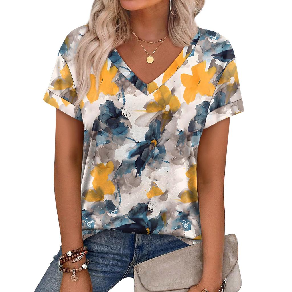 Women V Neck Floral Print Short Sleeve Blouse Pleated Hem Casual Loose Fit Summer Spring Top