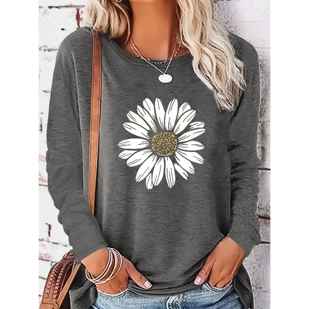 Women's autumn and winter fashionable casual loose sunflower print round neck long sleeved T-shirt top