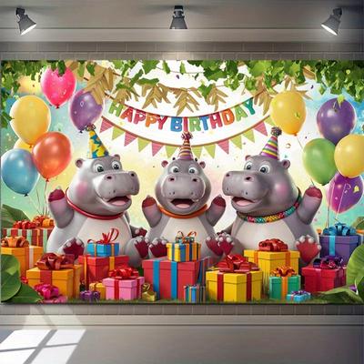Hippo Birthday Party Banner, Colorful Polyester Backdrop for Home Room Wall Decor and Gifts