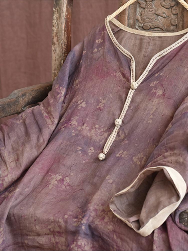 Johnature Women Vintage Ramie Shirts Top Print Floral Button Loose Blouses Summer Seven Sleeve Chinese Style Long Shirt