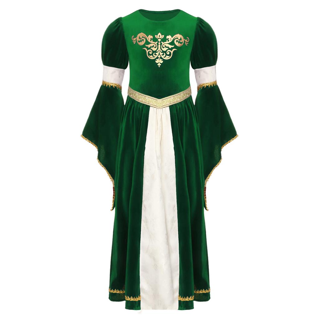 Dívčí středověký kostým princezny Patchwork Kulatý výstřih Zvonové rukávy Zlatý potisk Volánkový lem Dlouhé šaty