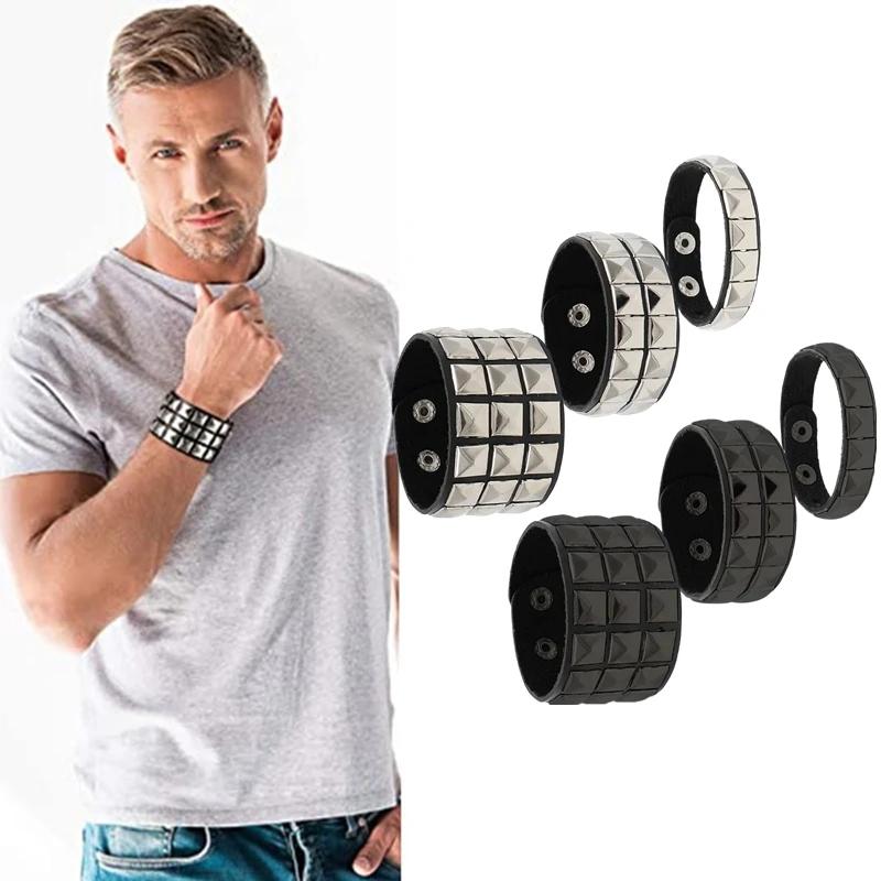 Punk Fashion Men Black Cuff Leather Bracelet Wristband Metal Rivets Stud Charm 80S Wrap Bangle For Women Rock Gothic Jewelry