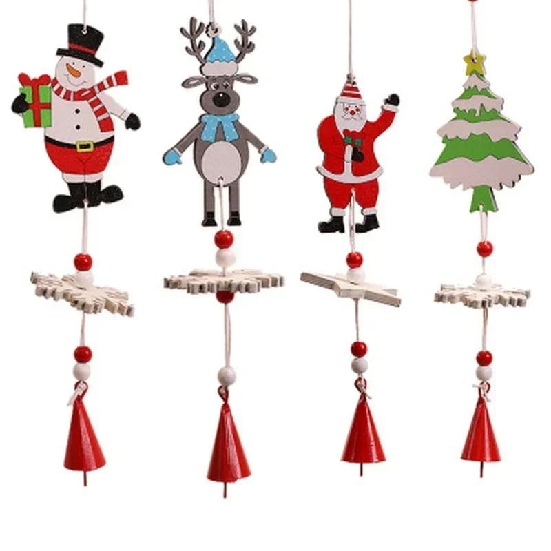 Christmas Style Decoration Wooden Xmas Tree Bell Hanging Pendant Ornament Handmade DIY Wood Crafts Kids Gift Party Decor