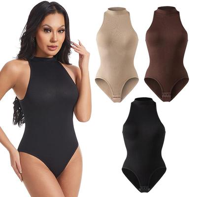 Damen Runder Hals Ärmellos Knopfleiste Body T-Rücken Shapewear