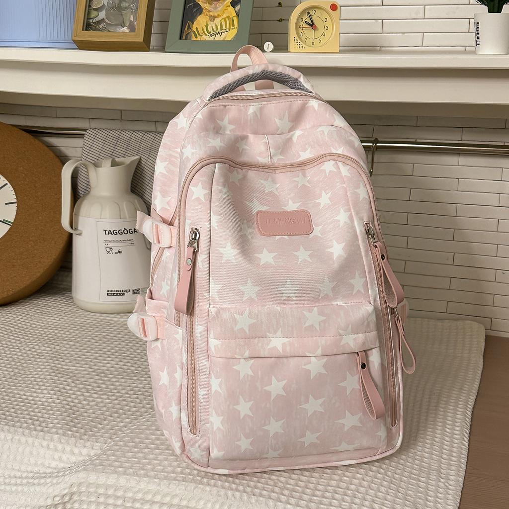 Schoolbag Starlight Fog Ash Low Saturation Polka Dot Star Backpack Junior High School Student Light Commuter Large Capacity School Bag Women's