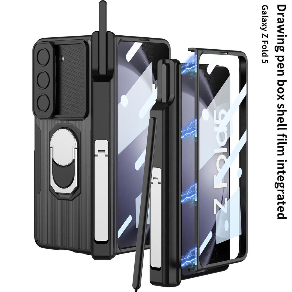 Samsung Z Fold 5 Magnetic Leather Armor Case with Push-Window Lens & Pen Holder