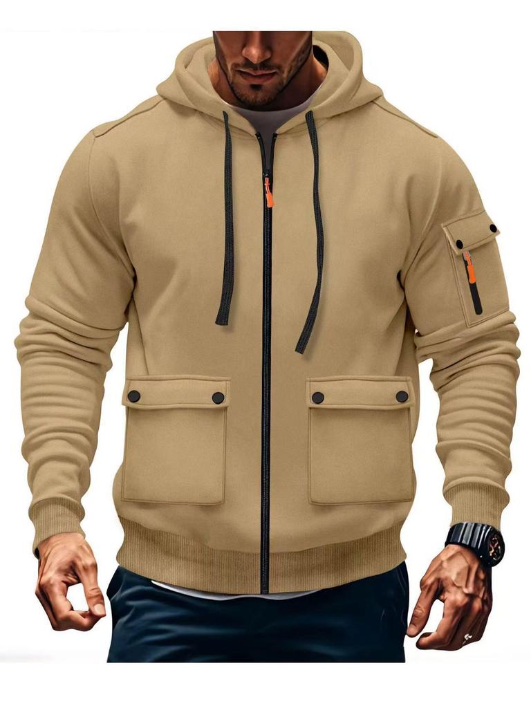 Men's Hooded Zipper Jacket - Autumn/Winter Casual Solid Color Plus Velvet Sweatshirt