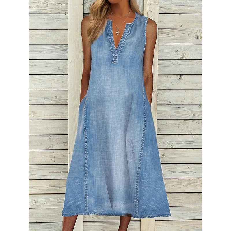Solid Color Sleeveless V-neck Denim Dress Solid Sleeveless V-neck Dress