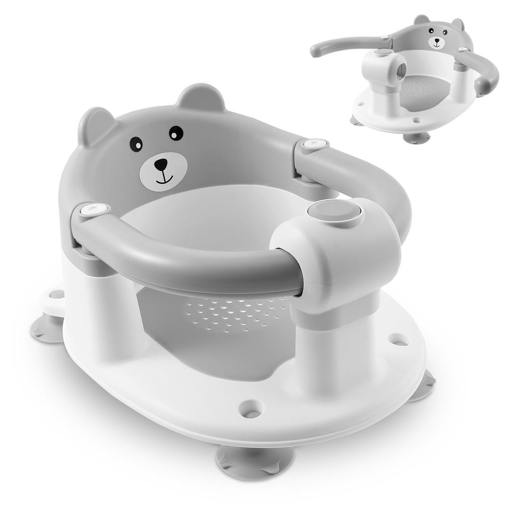 Baby Bath Seat Newborn Shower Bathtub Stand with Foldable Armrest Non-Slip Cute Cartoon Toddler Bath Chair Support