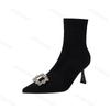 Women Knitted Ankle Boots 2024 New Pointed Toe Stretchy Chunky Thin High Heels Fashion Rhinestone Sock Short Boot Botas De Mujer