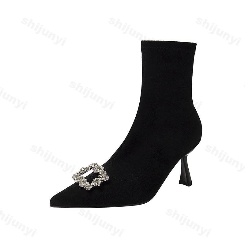 Women Knitted Ankle Boots 2024 New Pointed Toe Stretchy Chunky Thin High Heels Fashion Rhinestone Sock Short Boot Botas De Mujer
