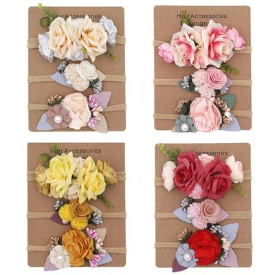 3Pcs/Lot Big Flower Baby Headband Imitation Pearls Kids Turban Hair Band Hair Accessories