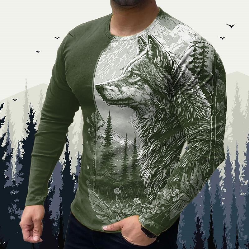 Men's casual long sleeved O-neck T-shirt with animal wolf print