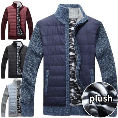Winter Men's Warm Knitted Jacket with Plush and Thick Standing Collar Men's Loose Size Padded Cardigan