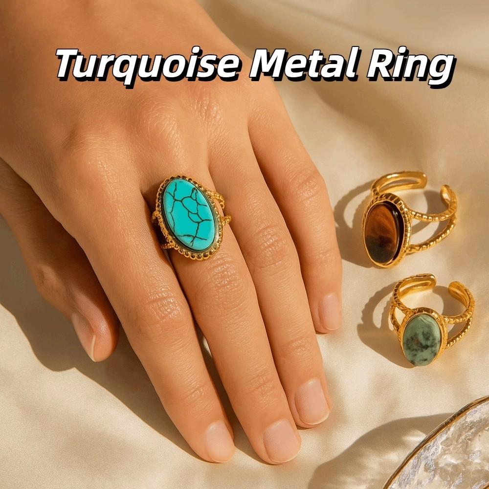 Korean Style Turquoise Metal Ring Geometric Wide Finger Buckle Retro Geometric Open Ring  Women