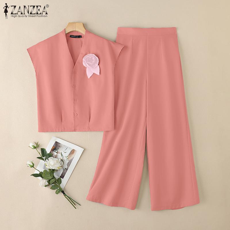 ZANZEA Women Sleeveless Blouse and Long Pants Casual Two Piece Suit Sets