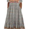 Lady Midi Dress Round Neck Colorful Flower Printing Double Slip Pockets Short Sleeves Dress Up Bohemian Loose Hem Lady Summer Dress Female Clothing
