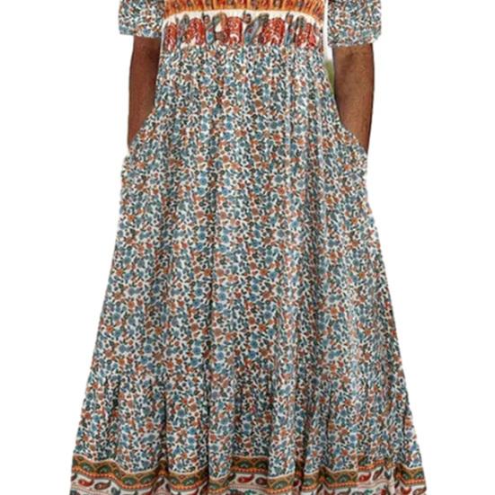 Lady Midi Dress Round Neck Colorful Flower Printing Double Slip Pockets Short Sleeves Dress Up Bohemian Loose Hem Lady Summer Dress Female Clothing