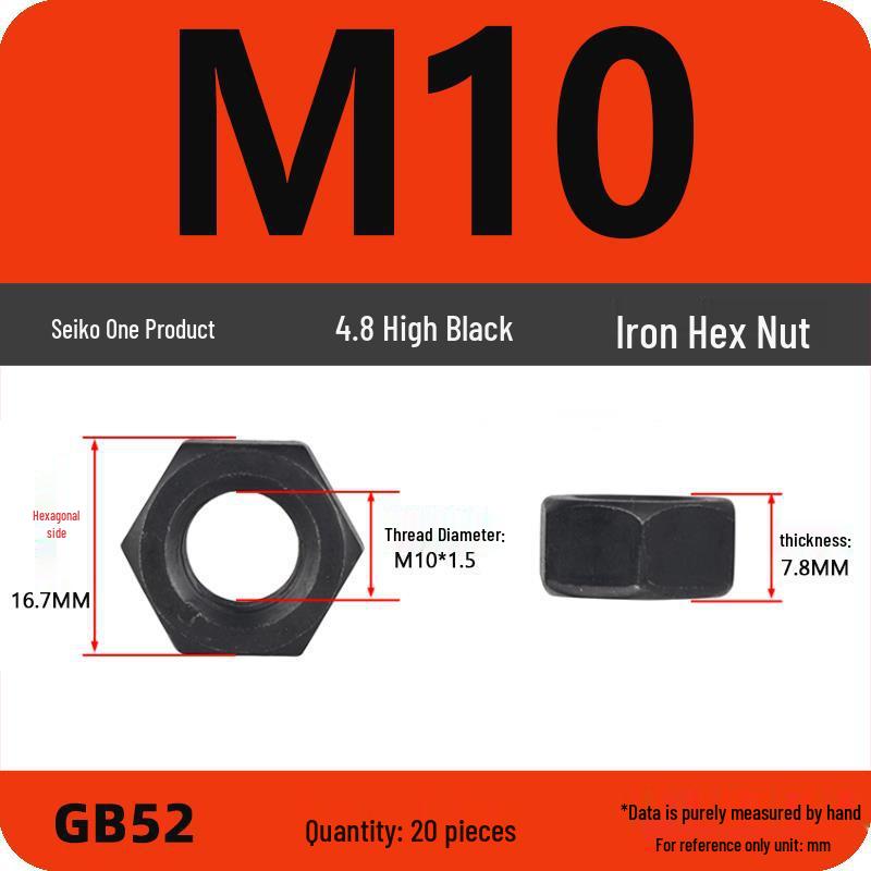 Black Galvanized Nickel-Plated Iron Hex Nut Screw Cap, GB Grades 4.8/8.8/12.9, Sizes M4/M5/M6/M8