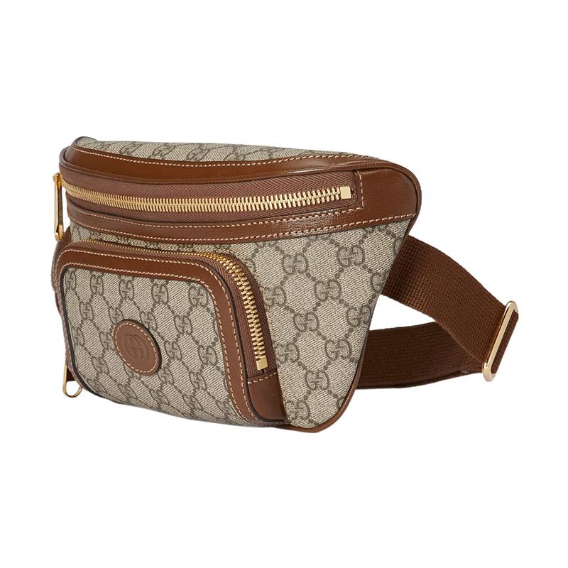 Gucci GG Supreme Double G Logo Zipper Closure Adjustable Shoulder Strap Canvas Waist Bag Large Size Men's Brown/beige