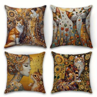 1/4pcs Artistic Cat-Printed Pillowcases Sofa Cushion Cover Home Bedroom Room Decoration