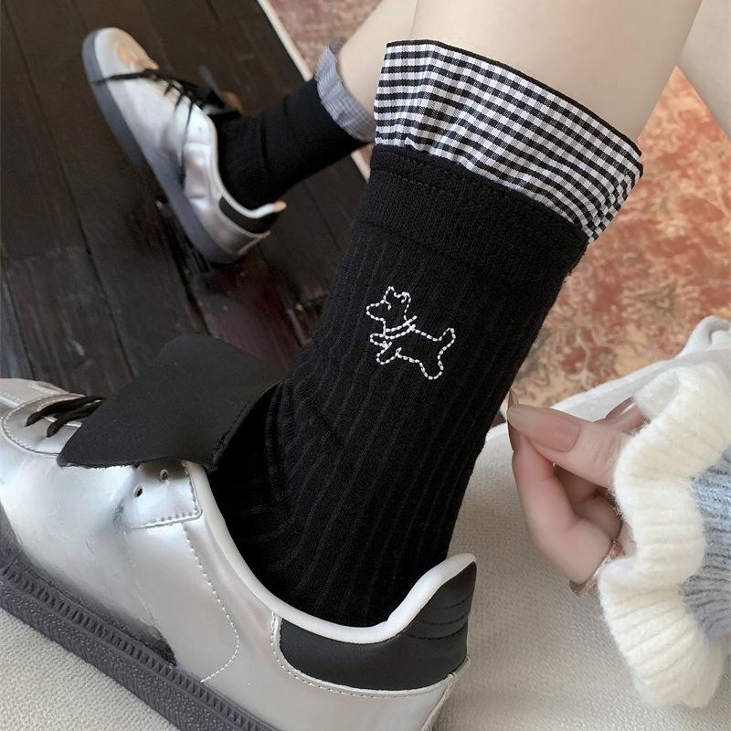 Checkered Puppy, White Socks, Girls' Lace, Cute Long Socks, Spring and Autumn Cartoon Academy Windbreaker Socks