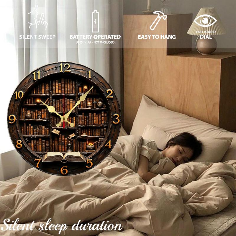 Library Nook Style Wooden Round Silent Hanging Wall Clock, Suitable For Living Room, Office, Study Room,Bedroom, Home Decoration