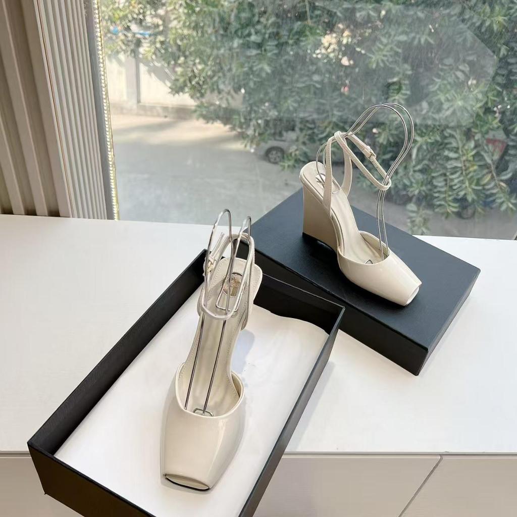 Fashion 2025 Unique Design Square-Toed Patent Leather High-Heeled Chunk-Heeled Women'S Shoes Wedge Heel Fish-Mouth Sandals