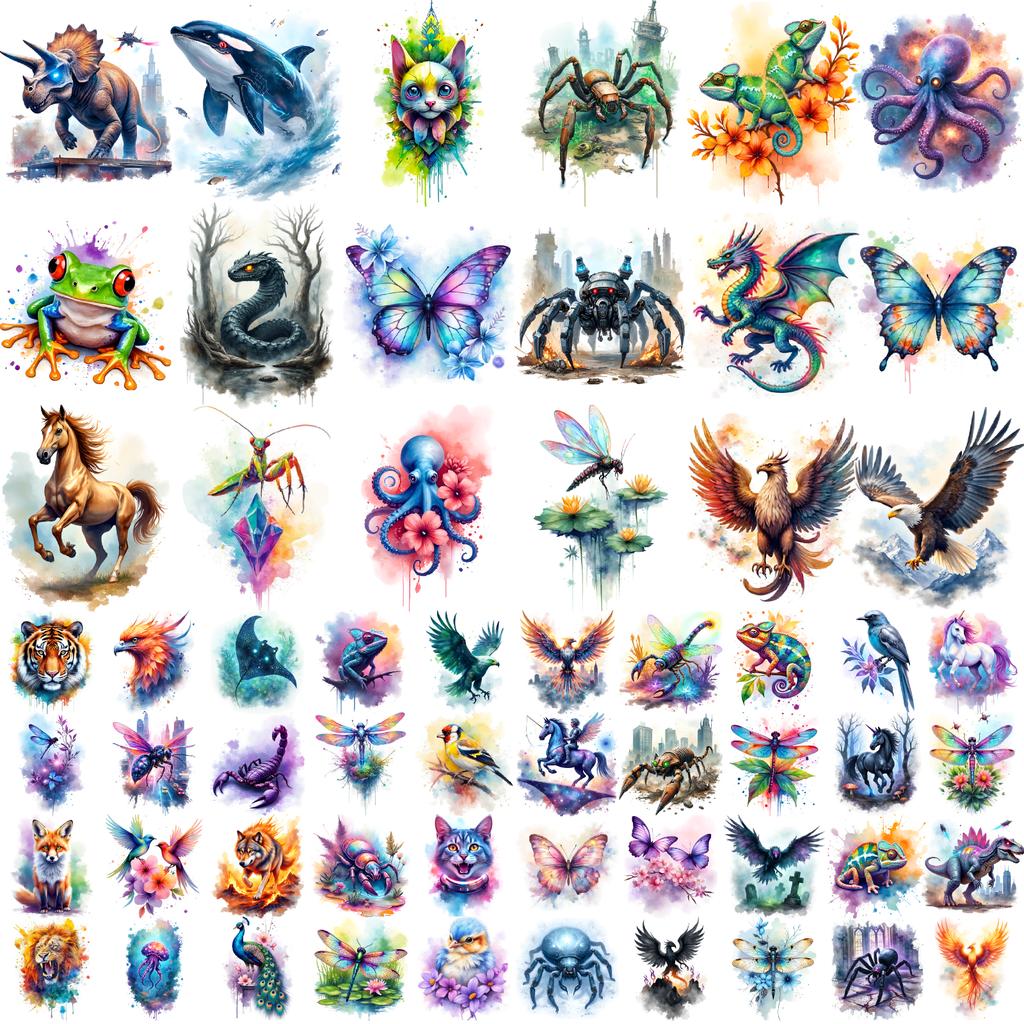 63 Stück Bunte Tier Temporäre Tattoos Wasserdicht Arm Beine Tattoos Aufkleber Tiger Schmetterling Wolf Papagei Körperkunst Fake Tattoos