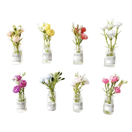 8 Stück Magnet Kühlschrankaufkleber Set Mini Vase 3D Design Kühlschrankaufkleber mit künstlichen Blumen Leuchten im Dunkeln Küchenbüro Dekoration