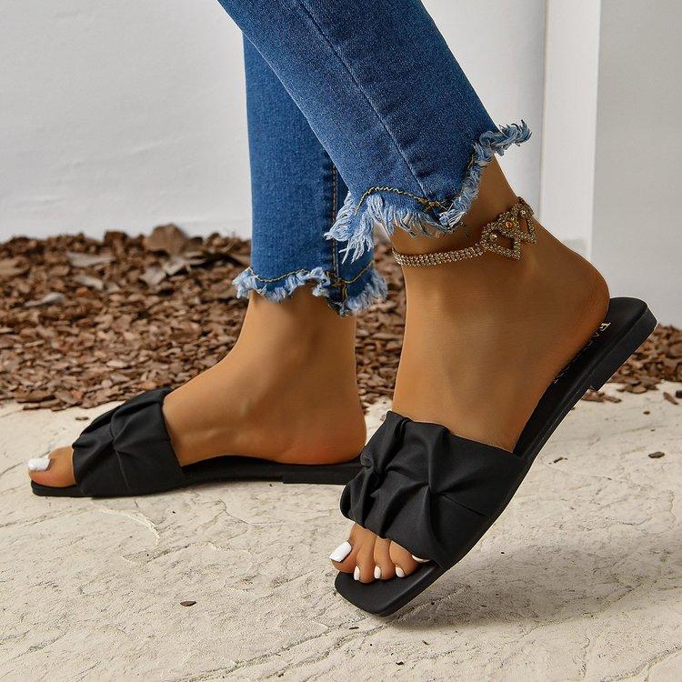 

Летние тапочки для женщин шлепанцы балетки 2024 новые плиссированные корейские тапочки женские сандалии зеленые шлепанцы большой размер 35-42 42 чёрный