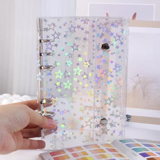 A6 Star Binder Cover Color-Changing PVC Notebook Cover with Reflective Design Transparent Spiral Planner Journal Sketchbook Accessories