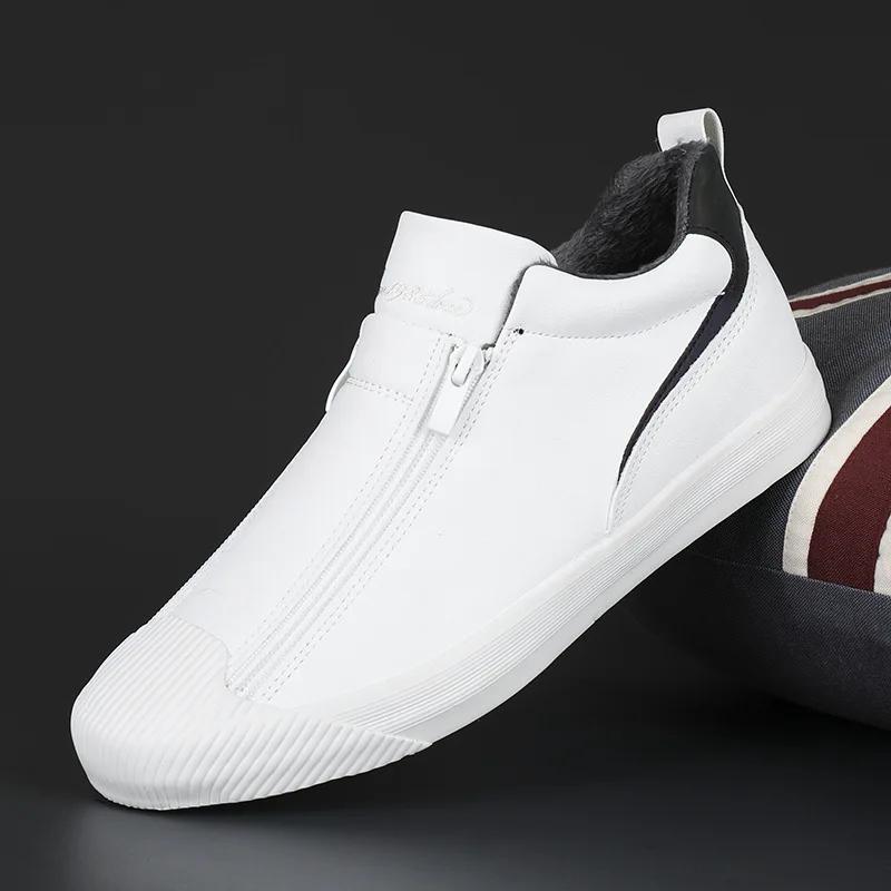 Men Leather Casual Shoes Fashion Double Zipper High Tops Flat Shoes Slip on Plush Male Sneakers Loafers Tenis Masculino 2024
