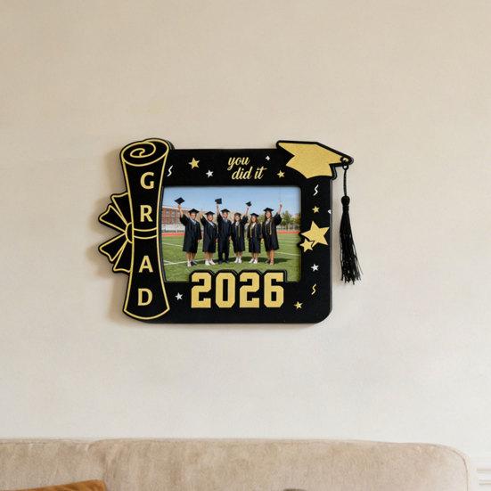 Wooden Photo Frame, Standard Size Graduation Picture Display, Black Gold with Rear Stand, Grad 2026 Picture Holder for Graduation Keepsake