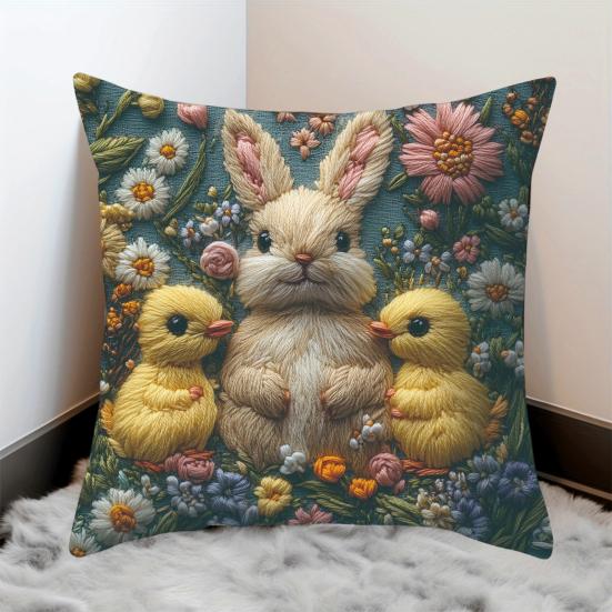 Easter Bunny Pillowcase Imitation Embroidery Lamb And Chick Print Pillowcase Farmhouse Throw Pillow Cover for Parties Living Room Couch Sofa Decor