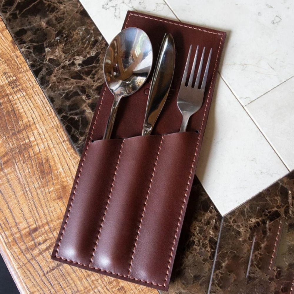 PU Leather Cutlery Storage Bag 3 Pocket Multi-functional Utensil Storage Pouch Leakproof Simple Design Forks Spoons Organizer