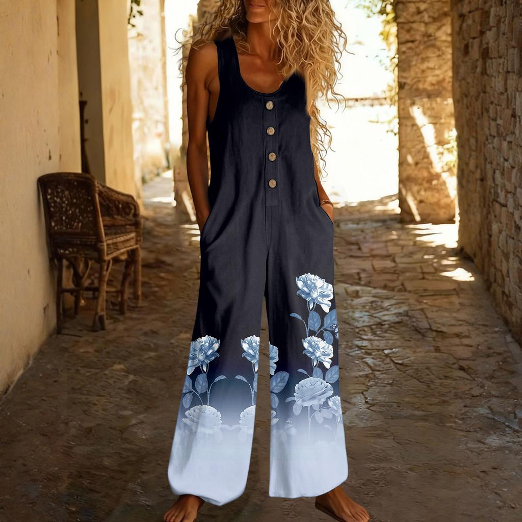 Lässiger ärmelloser lockerer Jumpsuit mit Taschen und verstellbaren Trägern für Damen (lange Länge).